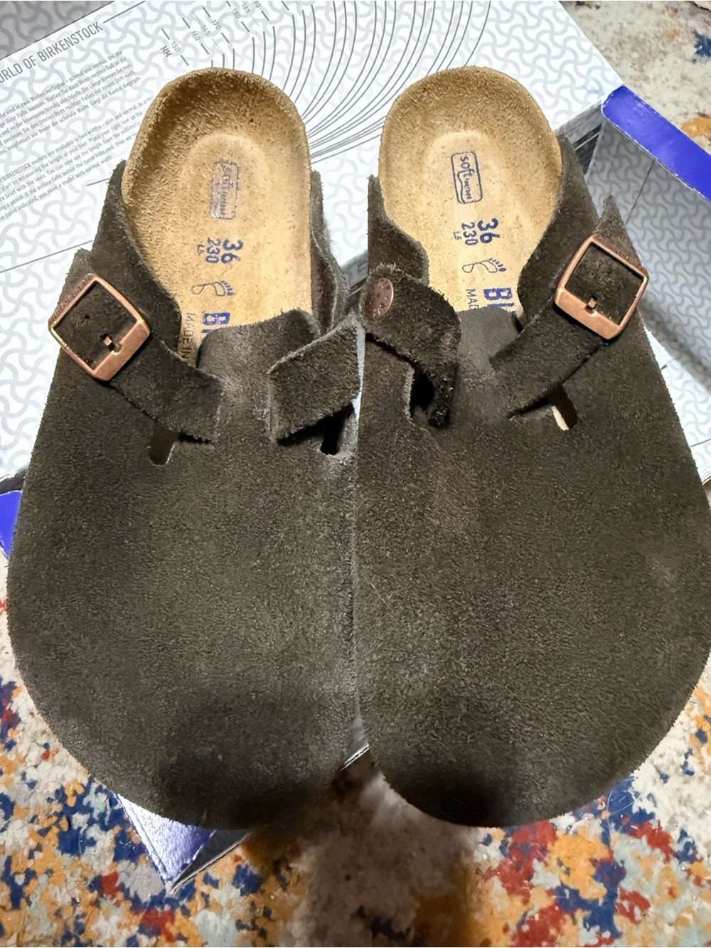 Birkenstock Suede Clog Mules in Dark Brown with Copper Buckles